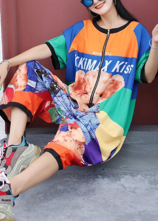 rainbow striped cartoon prints pants loose women fashion short sleeve jumpsuit pants
