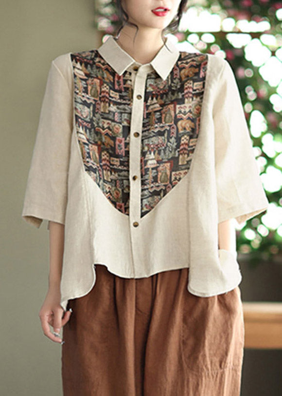 Vintage Apricot Peter Pan Collar Button asymmetrical design Print Linen Shirts Half Sleeve