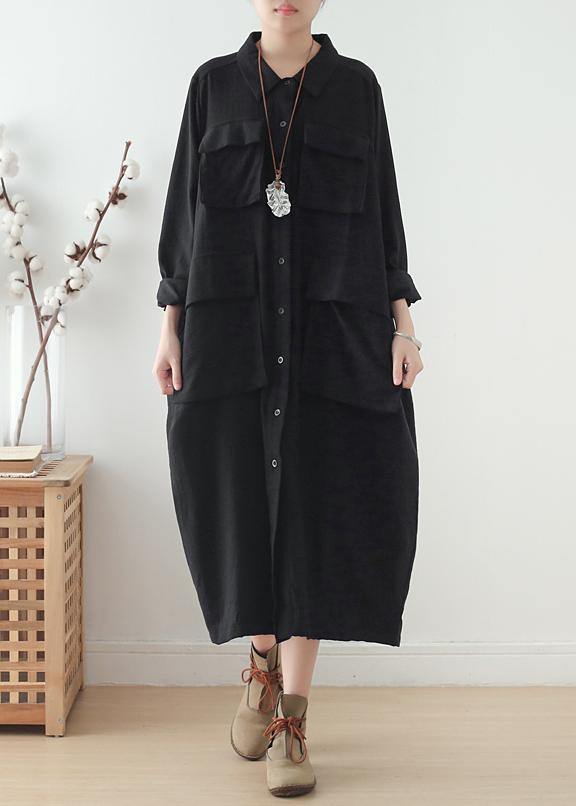 Organic lapel pockets fall Tunics Fabrics black Plus Size Dresses