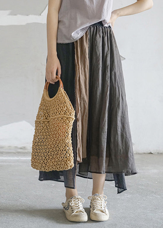 Coffee pocket Patchwork Linen Skirt elastic waist Spring