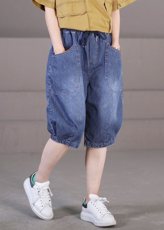 Classy Blue Elastic Waist Tie Waist Pockets Patchwork Cotton Denim Shorts Summer