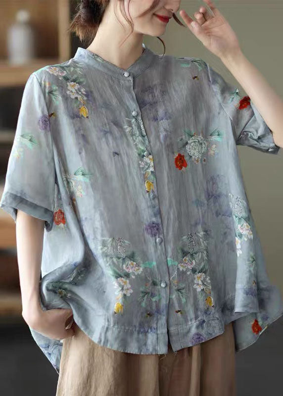 Elegant Blue Stand Collar Print Tops Half Sleeve