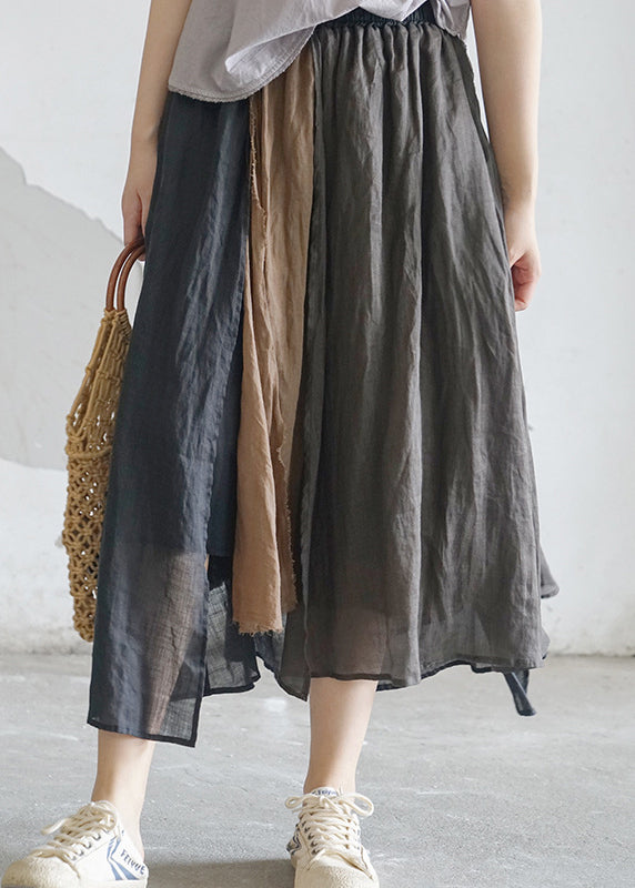 Coffee pocket Patchwork Linen Skirt elastic waist Spring