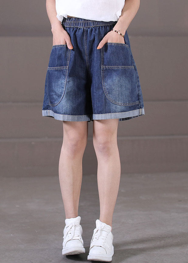 Plus Size Denim Blue Elastic Waist Pockets Cotton Wide Leg Shorts Summer