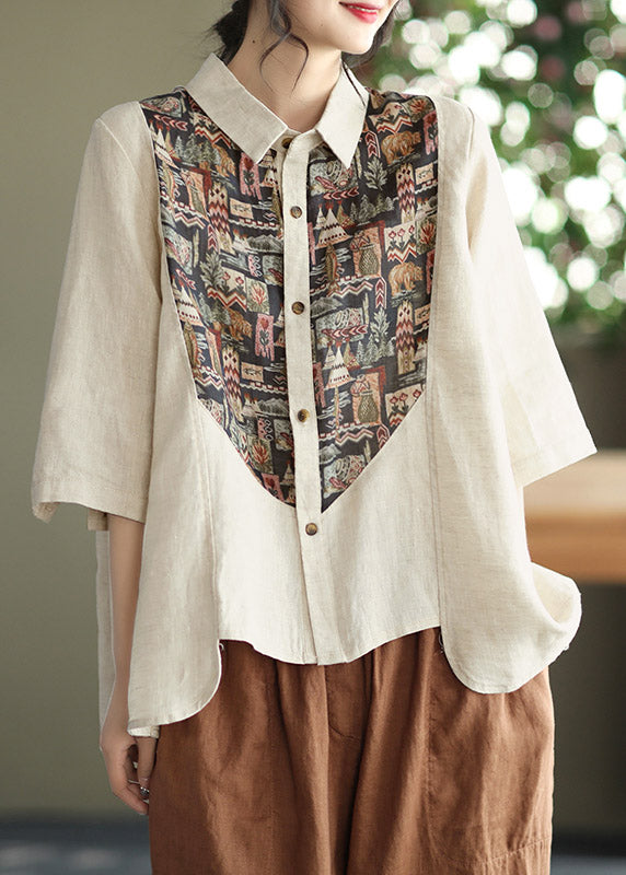 Vintage Apricot Peter Pan Collar Button asymmetrical design Print Linen Shirts Half Sleeve