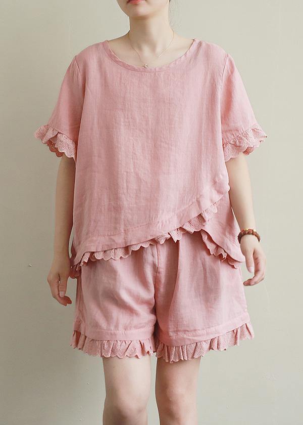 Loose linen suit female lace irregular round neck short sleeve T-shirt shorts two-piece suit