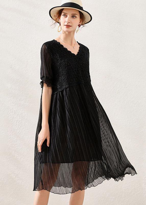 Comfy Black Wrinkled Patchwork Spring Short Sleeve Dress