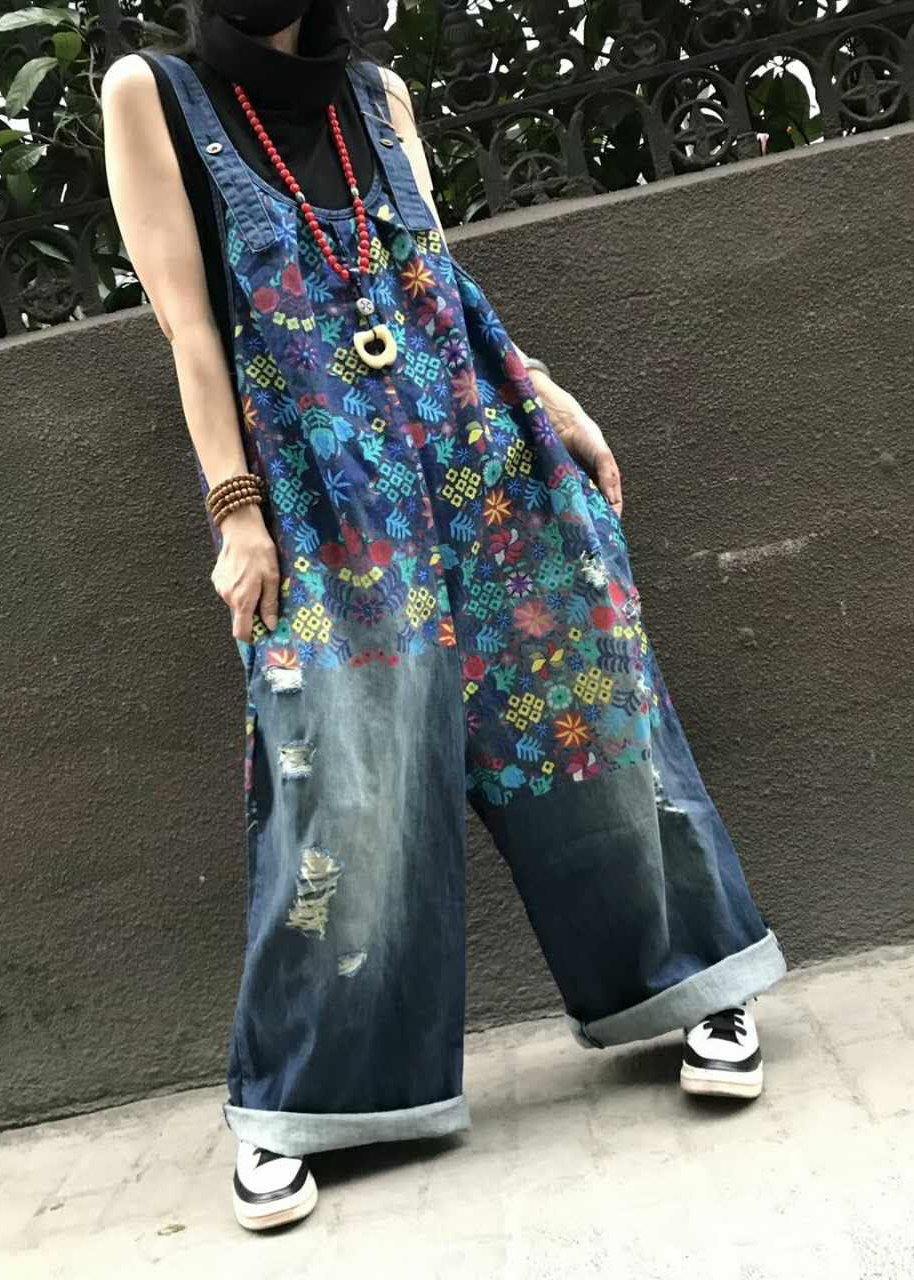 Boutique Print Blue Jeans Overall Jumpsuit