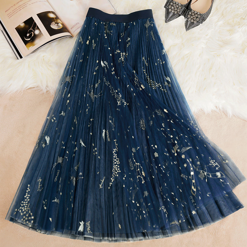 Beautiful Blue Print tulle Pleated Skirts Summer