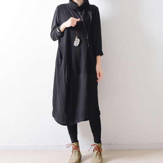 2021 autumn black shoulder zipper linen dresses cotton patchwork caftans plus size gowns