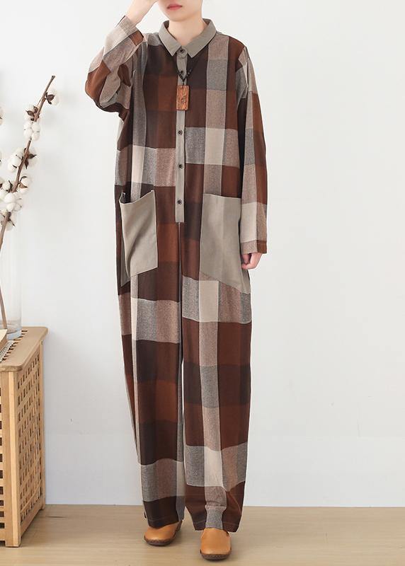 spring big pockets ming Harem cotton brown plus szie plaid jumpsuit