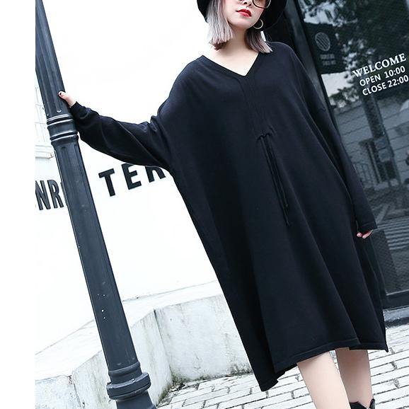 2019 black natural plus size baggy dresses vintage V neck drawstring natural cotton blended dress