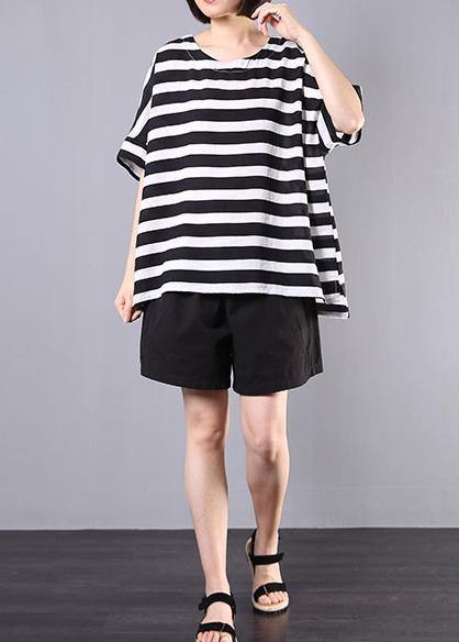 2019 new cotton blended black striped short sleeve pullover with elastic waist short two pieces
