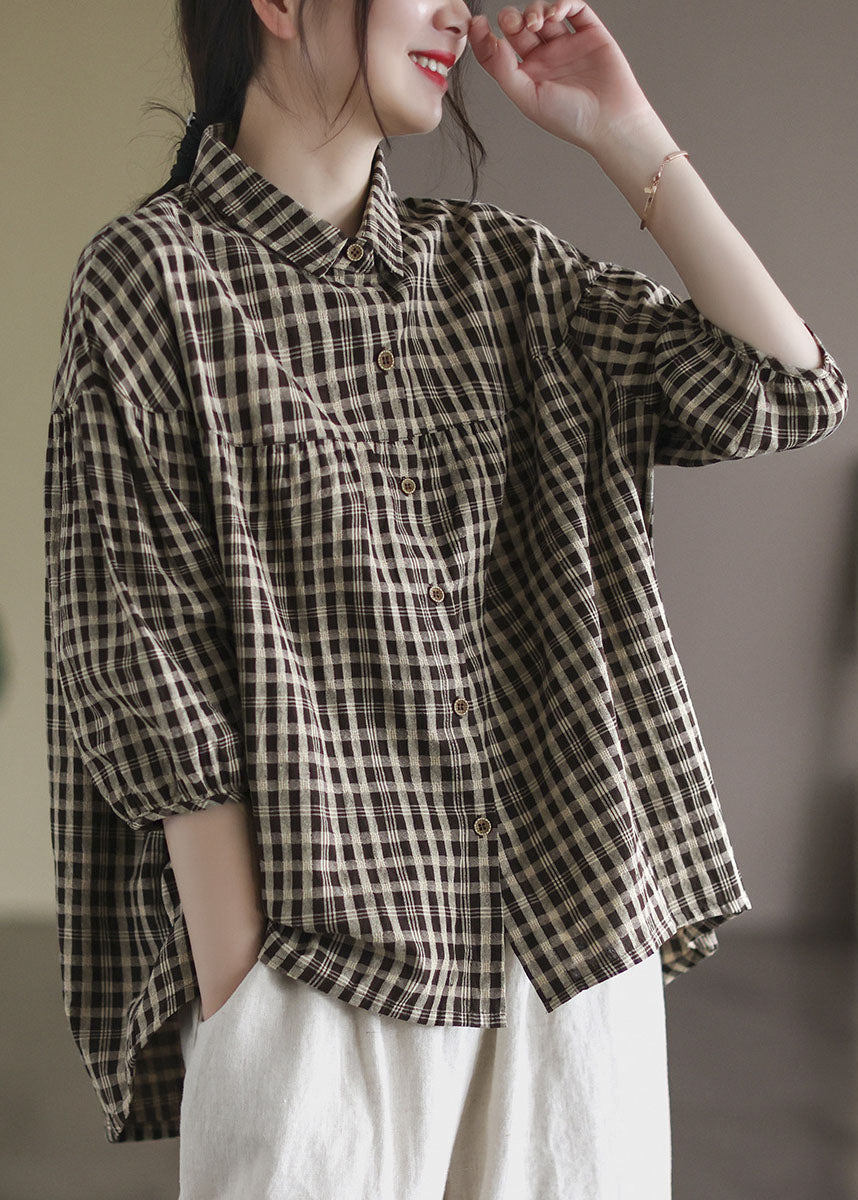 Coffee Plaid Patchwork Linen Shirt Button Half Sleeve