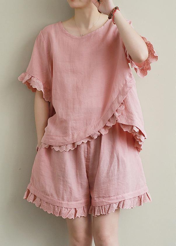 Loose linen suit female lace irregular round neck short sleeve T-shirt shorts two-piece suit