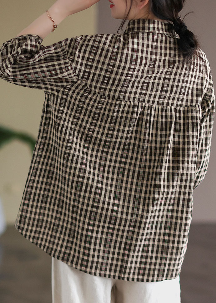 Coffee Plaid Patchwork Linen Shirt Button Half Sleeve