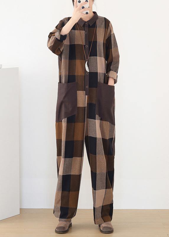 spring big pockets ming Harem cotton brown plus szie plaid jumpsuit