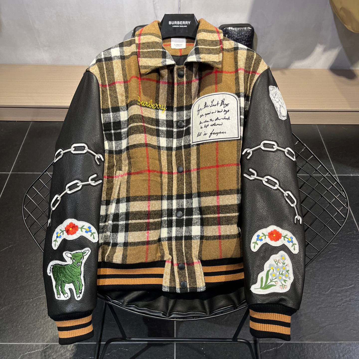 Burberry NIGO Man Woolen Plaid Patchwork Leather Sleeve Jacket Baseball Jacket #nigo94374