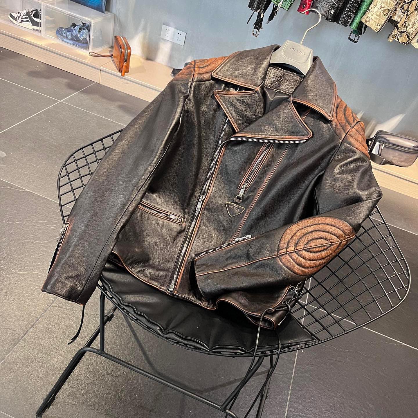 PRADA NIGO Man Vintage Leather Jacket Motorcycle Suit #nigo2582