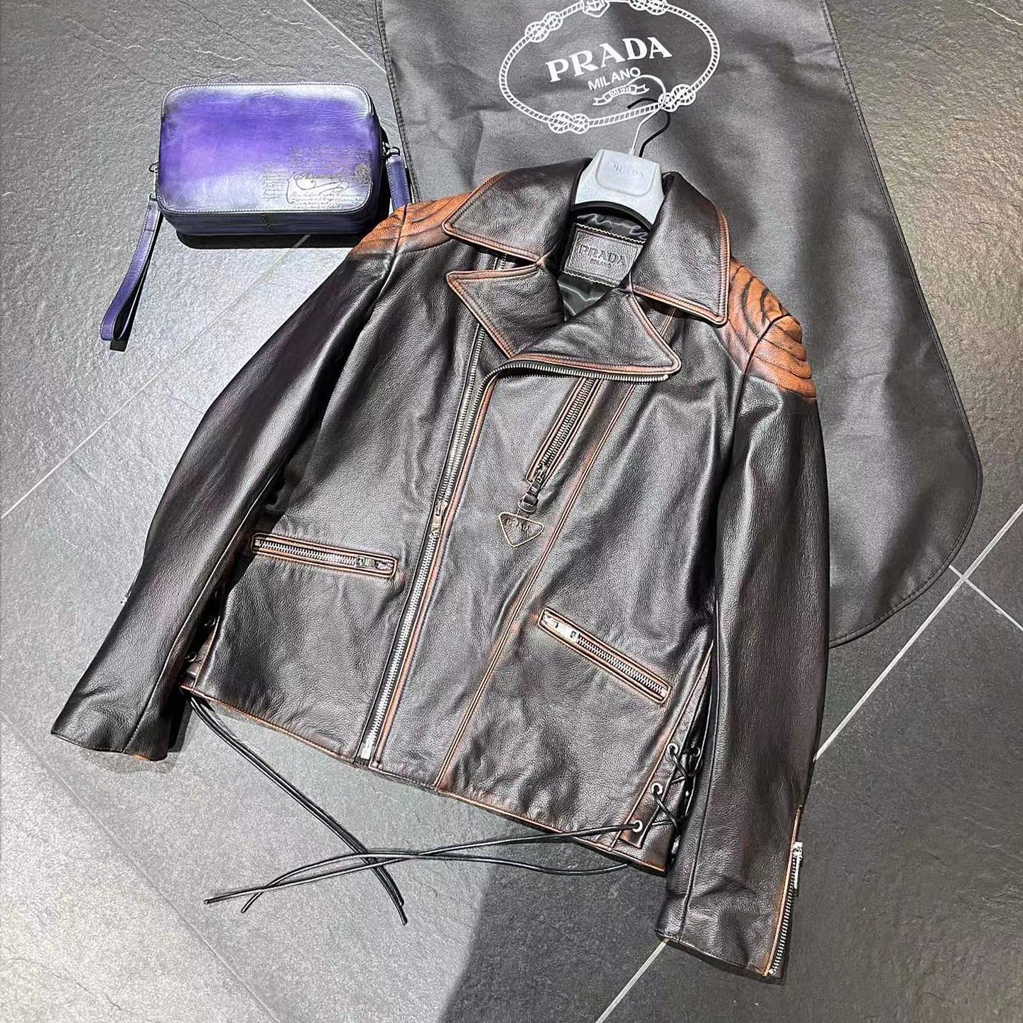 PRADA NIGO Man Vintage Leather Jacket Motorcycle Suit #nigo2582