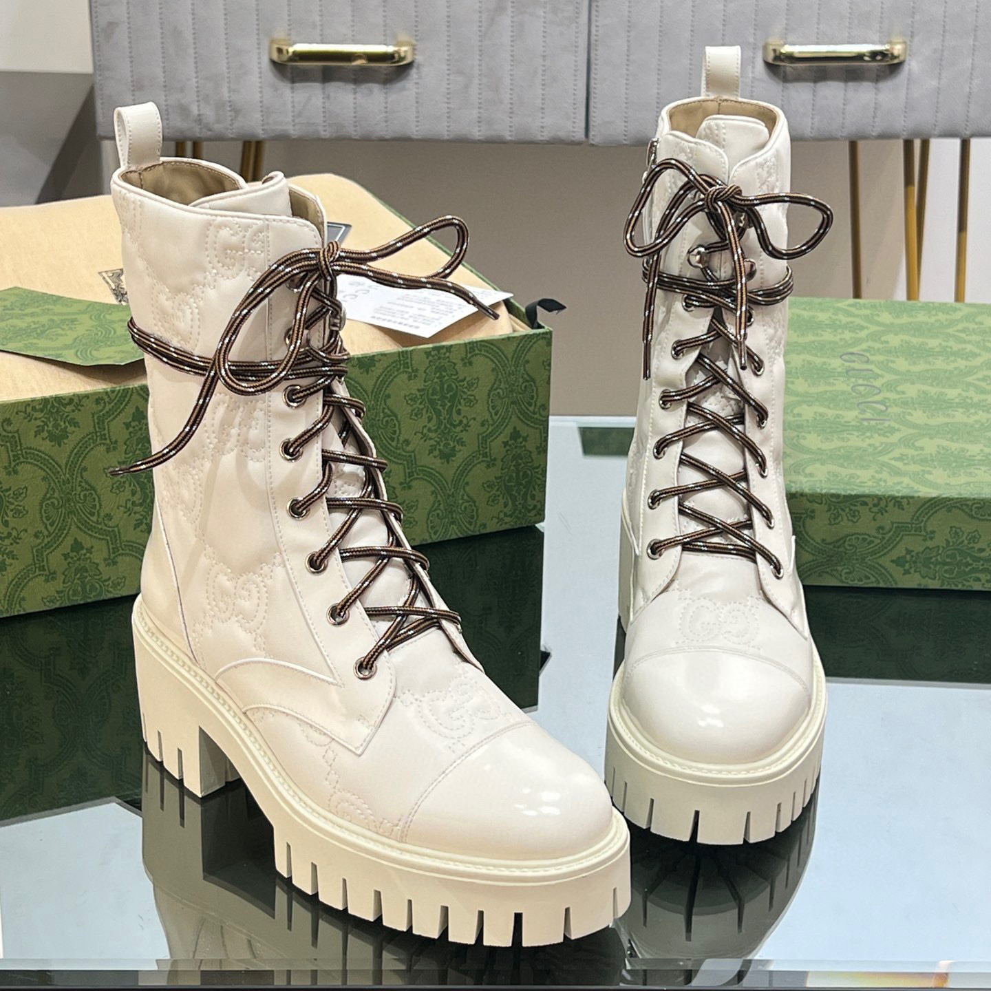 Gucci NIGO White Leather Lace Up Martin Boots shoes #nigo21358