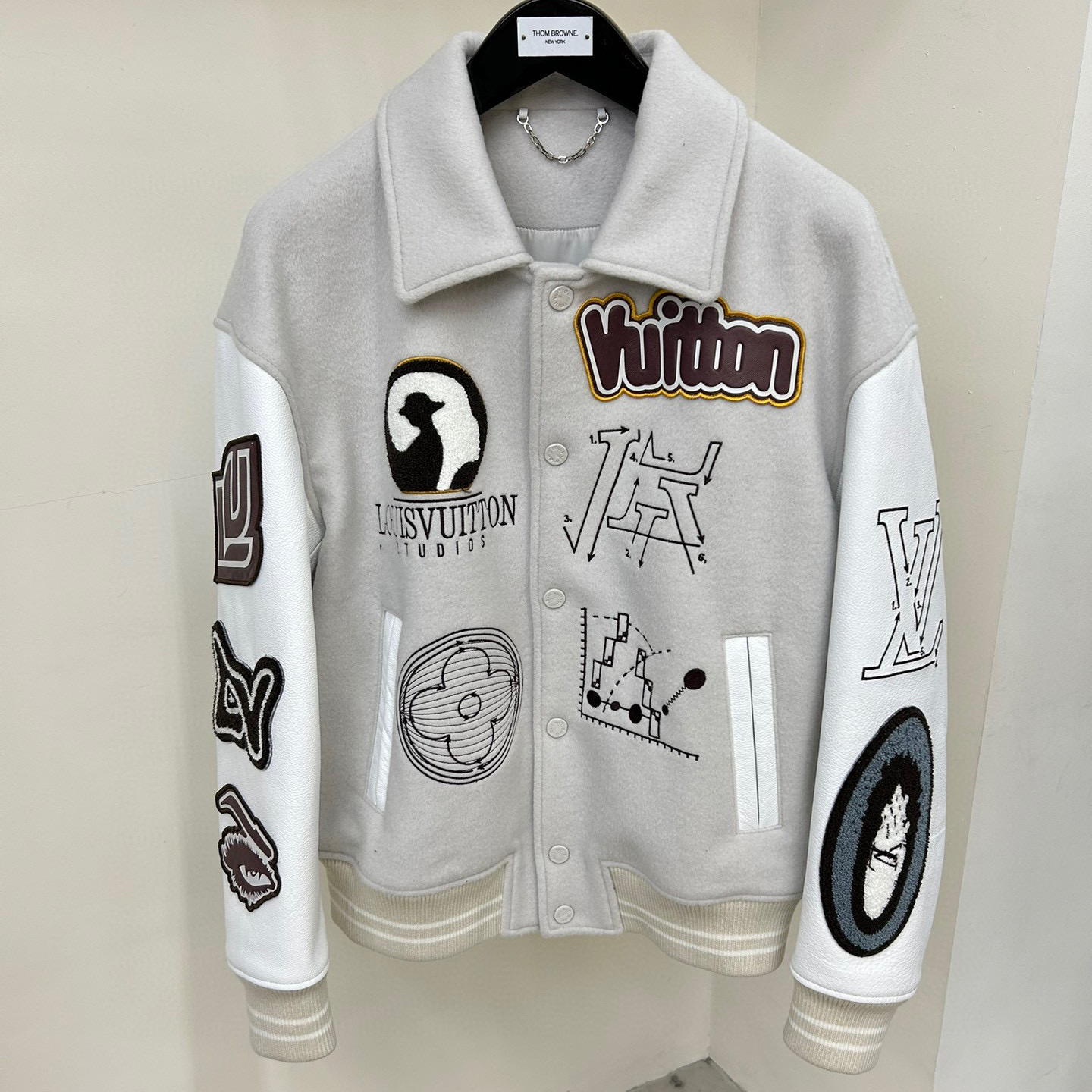 Louis Vuitton NIGO Man Tweed Leather Sleeve Patchwork Baseball Jacket #nigo94919