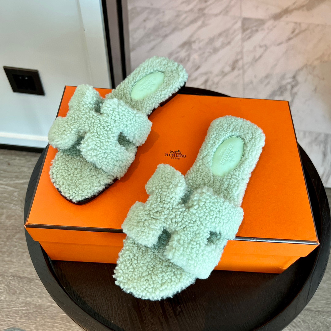 Hermes NGO Lamb Hair Flat Bottom Slippers Shoes #nigo21534