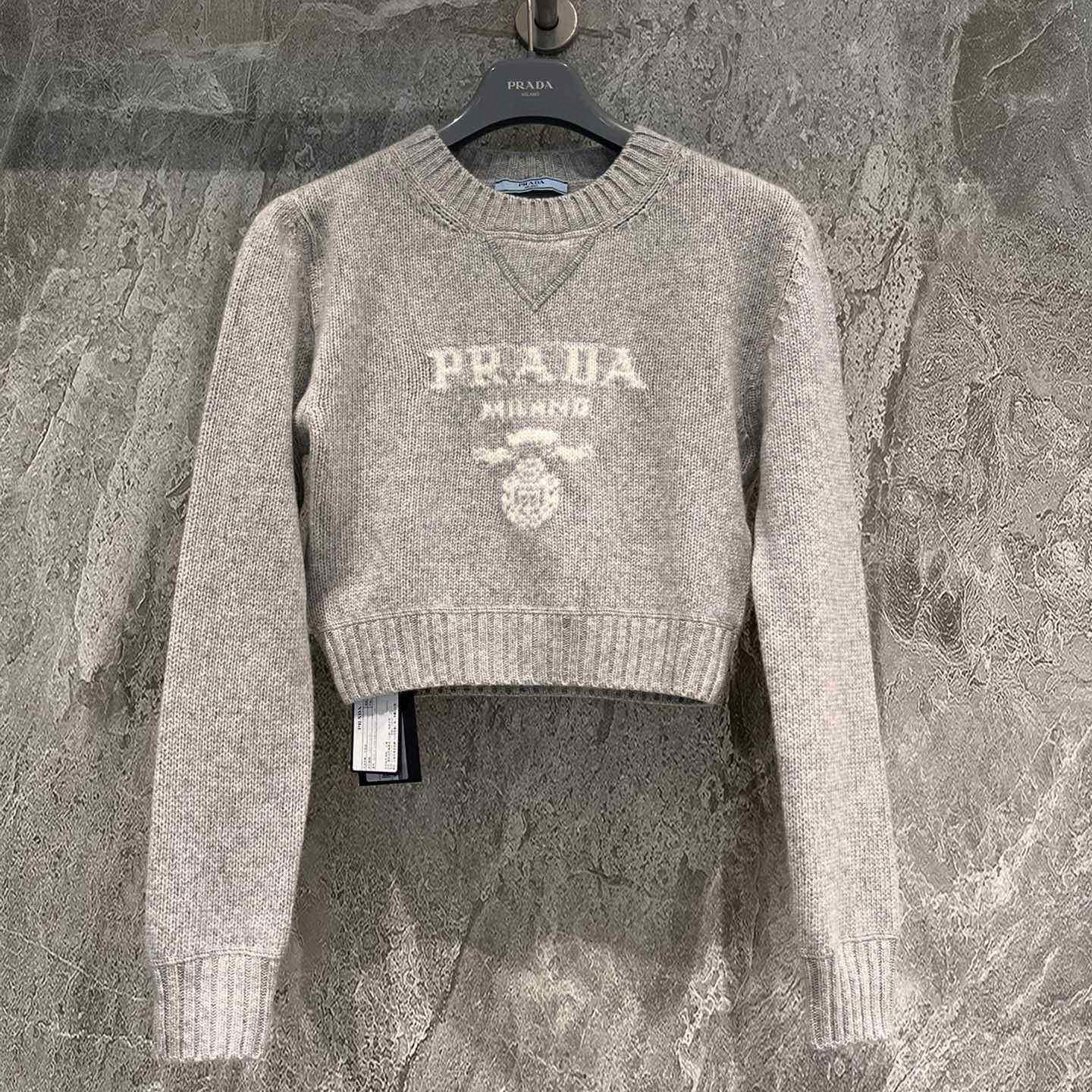 Prada NIGO Woman Grey Letter Long Sleeved Short Knit Sweater #nigo21533