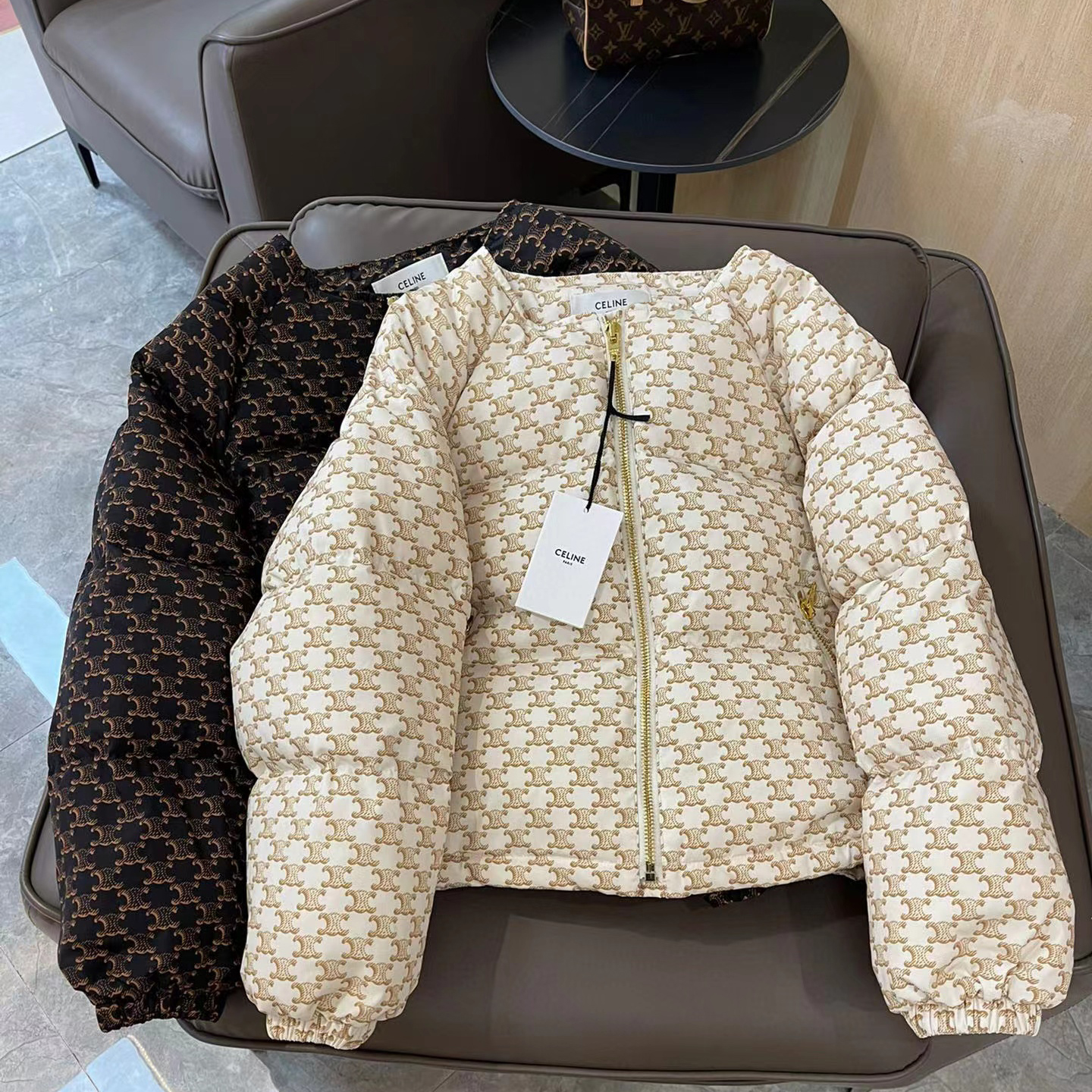 CELINE Allover Logo Long Sleeve Short Puffer Down Jacket #nigo52193