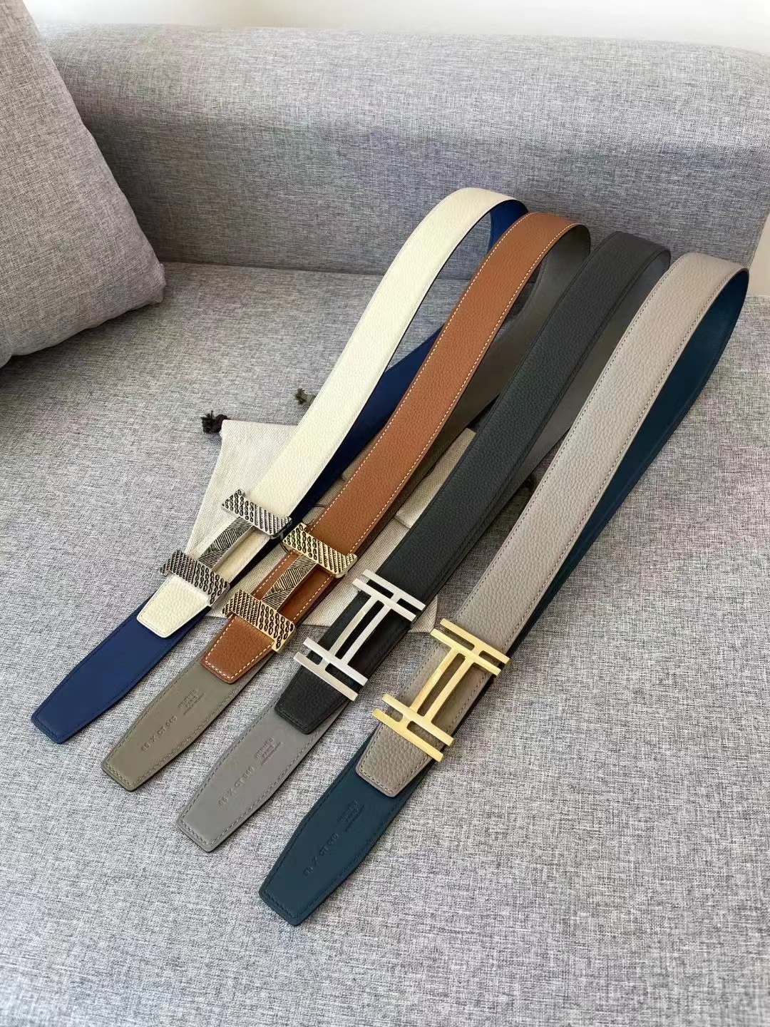 Hermes Square Overlap Light Gold Buckle Leather Belt #nigo54467