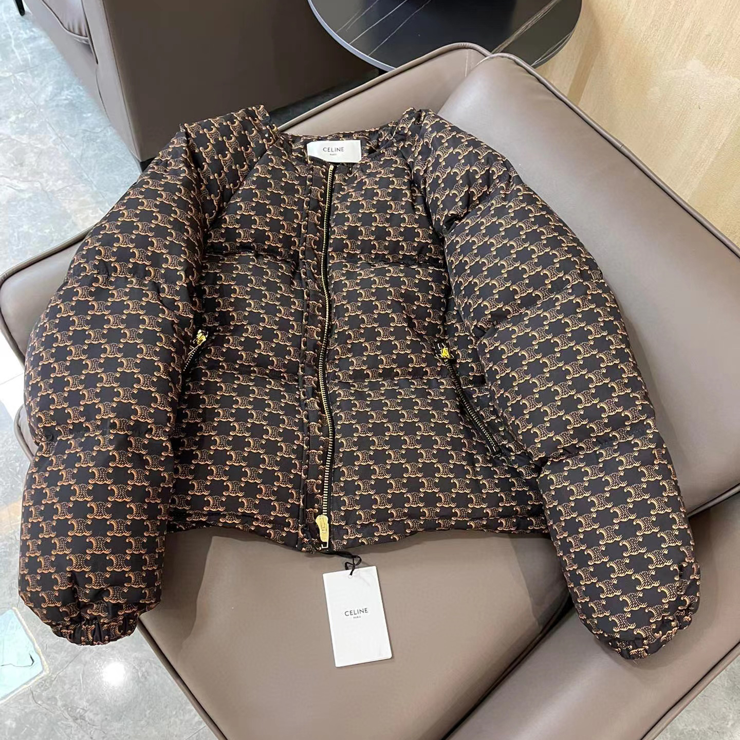 CELINE Allover Logo Long Sleeve Short Puffer Down Jacket #nigo52193