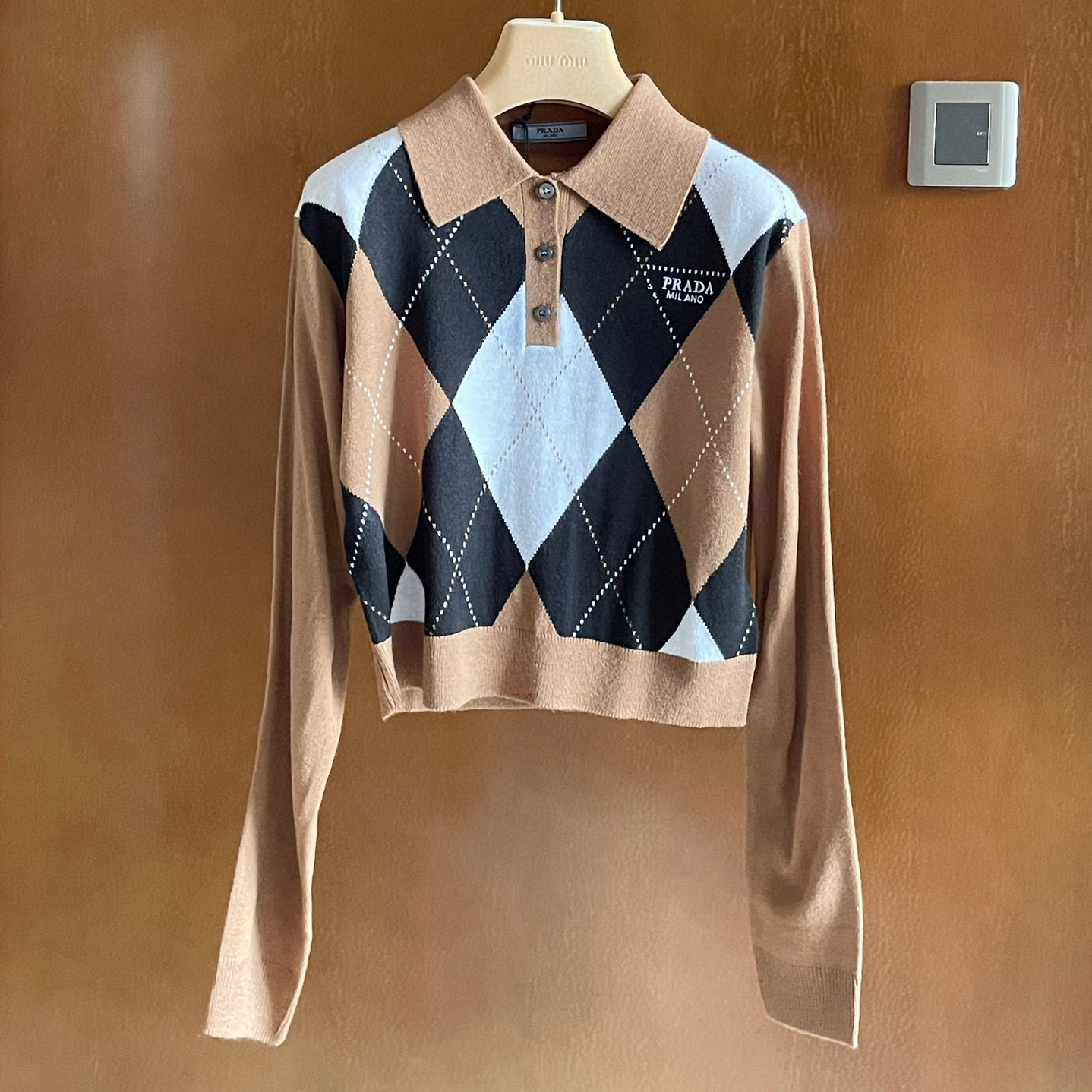 Prada NIGO Coffee Colored Lapel Knit Long Sleeved Short Top #nigo21568