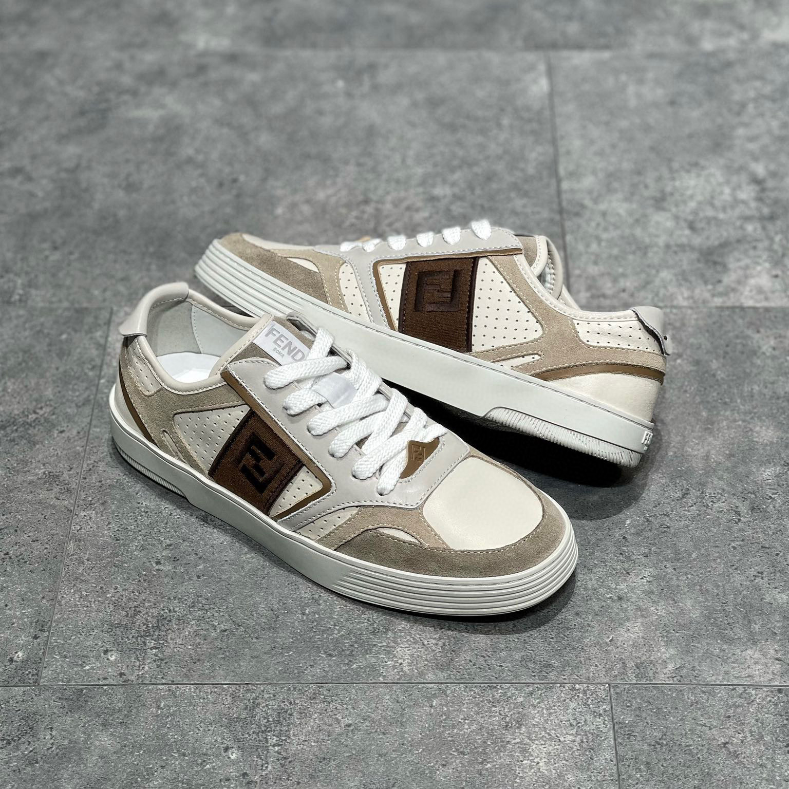 Fendi NIGO Beige Leather Lace Up Casual Sneakers Shoes #nigo96138