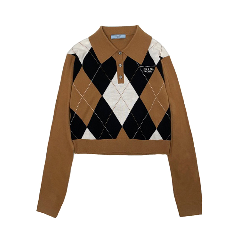 Prada NIGO Coffee Colored Lapel Knit Long Sleeved Short Top #nigo21568