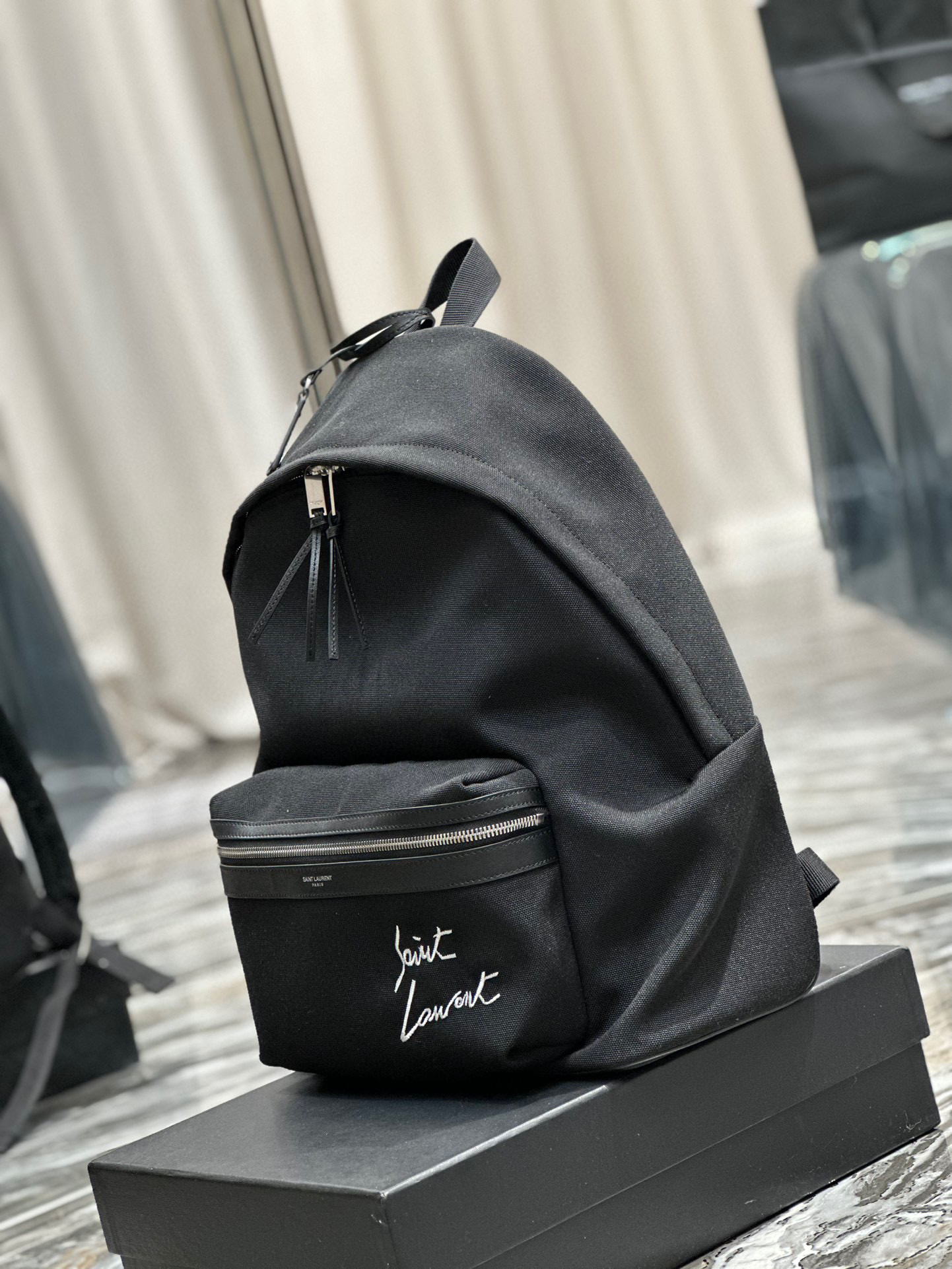 Saint Laurent Embroidered Letter Fabric Leather Panel Backpack Schoolbag Bag #nigo56519