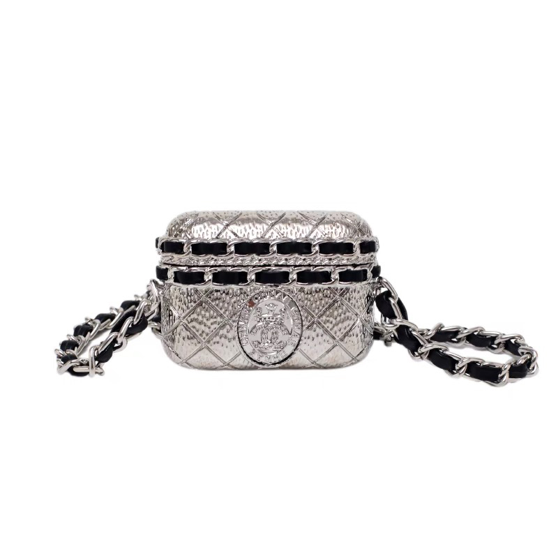 CHANEL Leather Chain Silver Earphone Bag AirPods Metal Necklace Bag #nigo54599