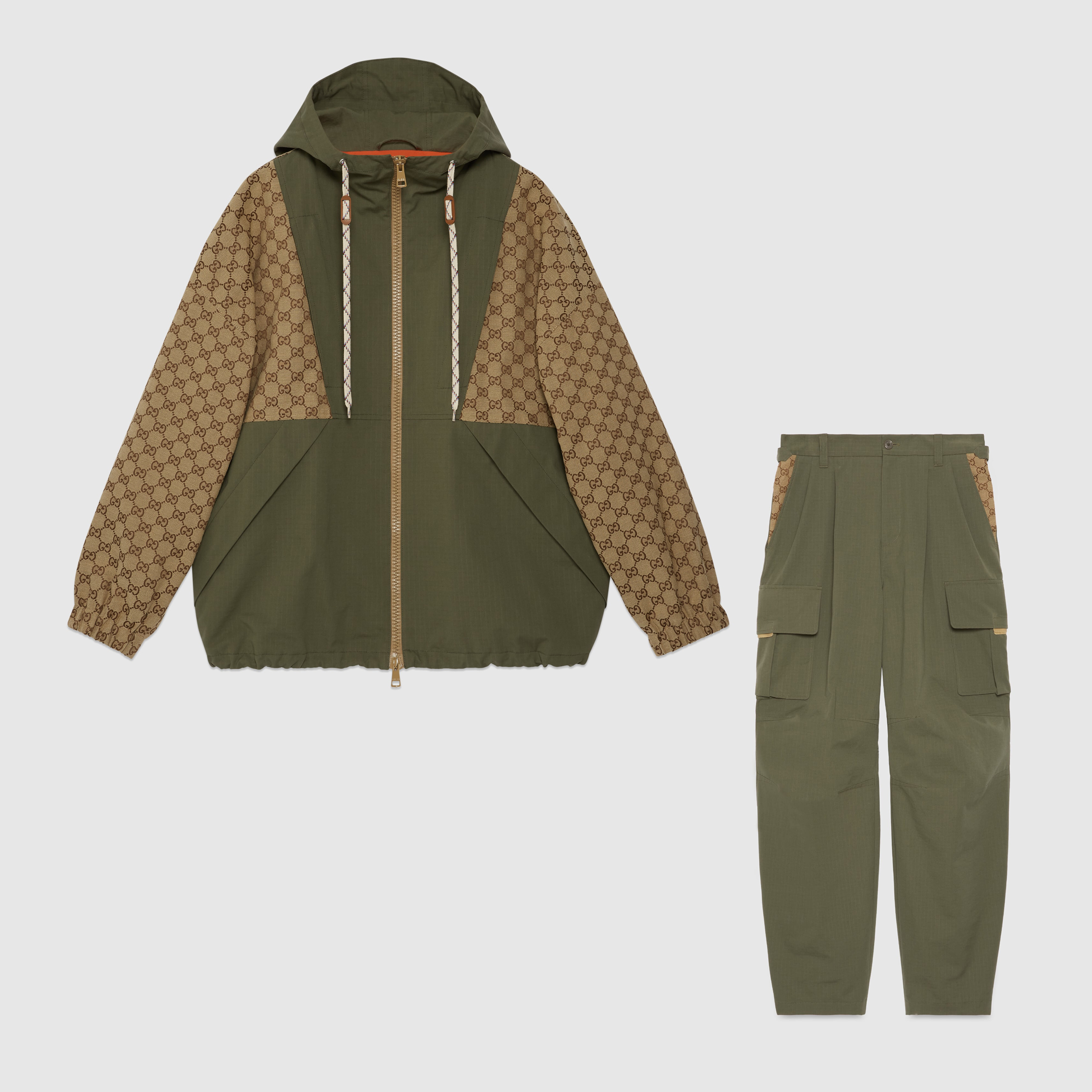 Gucci GG Cotton Canvas Zip Jacket Cargo Pants Colour Blocking Hooded Trousers Set Suit #nigo96293
