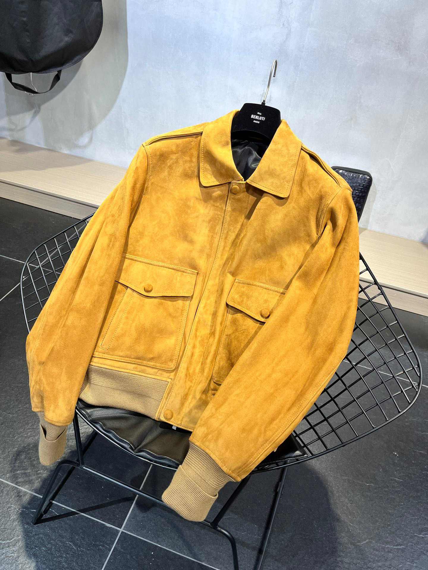 Berluti Men Yellow Fluffy Long Sleeved Leather Jacket #nigo21733