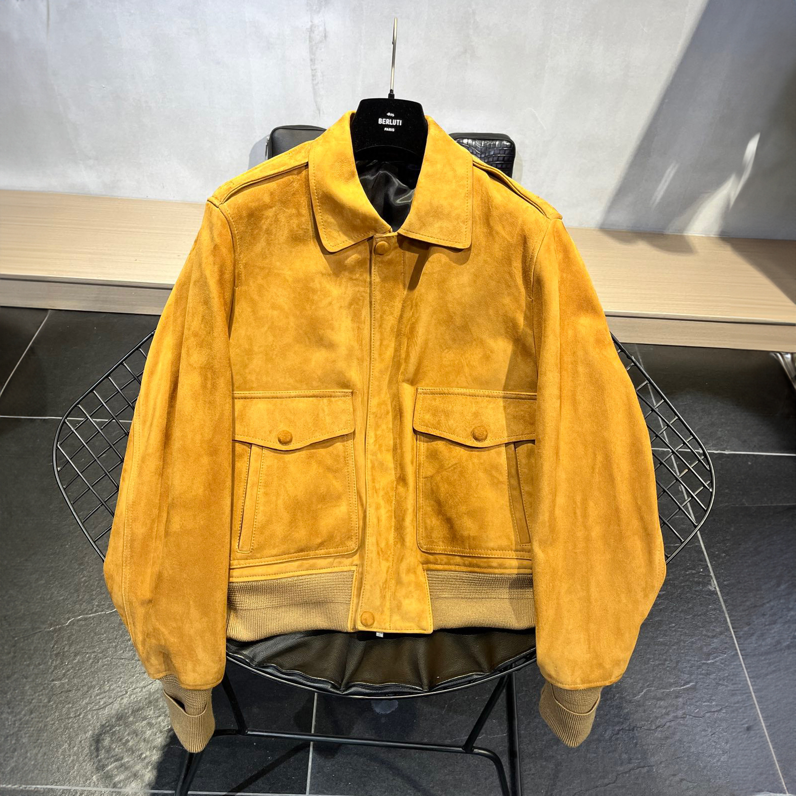Berluti Men Yellow Fluffy Long Sleeved Leather Jacket #nigo21733