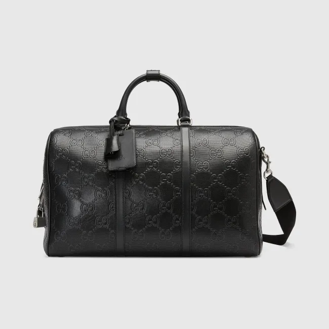 Gucci Black Leather Print Embossed Travel Bag Bags #nigo4883