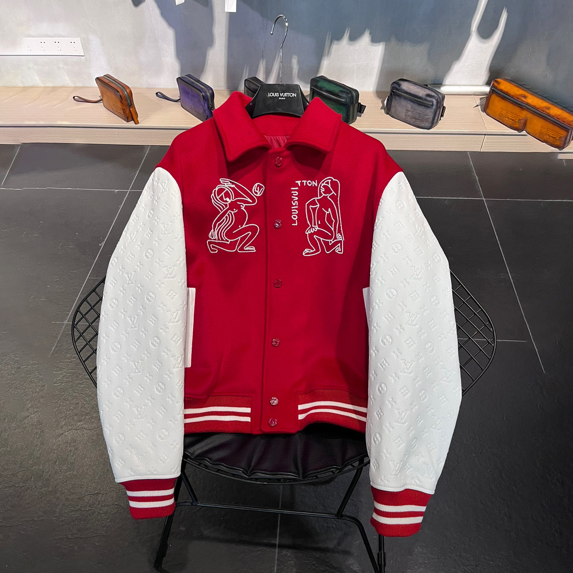 Louis Vuitton Red and White Patchwork Long Sleeved Baseball Jacket #nigo21738