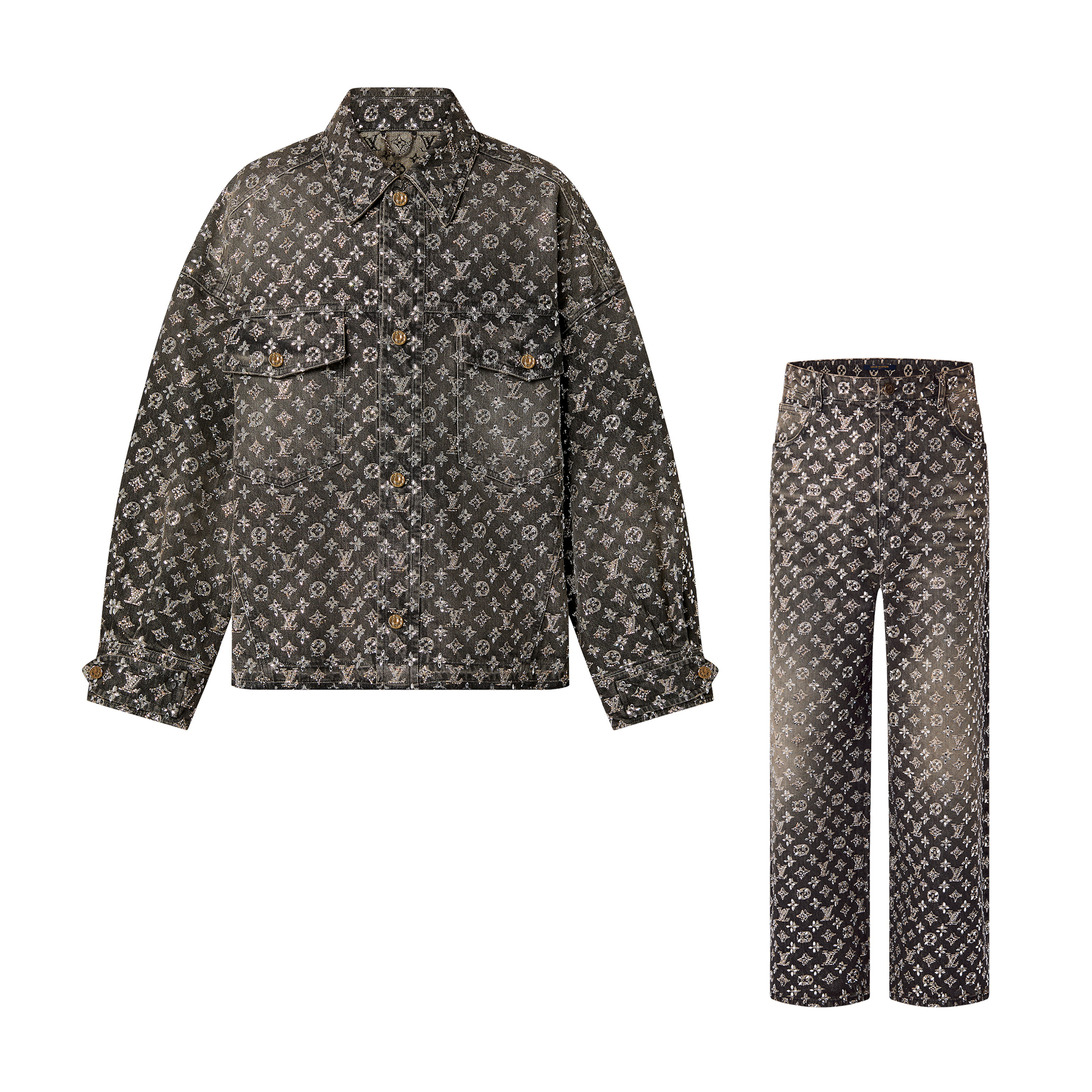 Louis Vuitton Made To Order Embroidered Monogram Denim Overshirt Jacket Jeans Pants suit Set #nigo96366