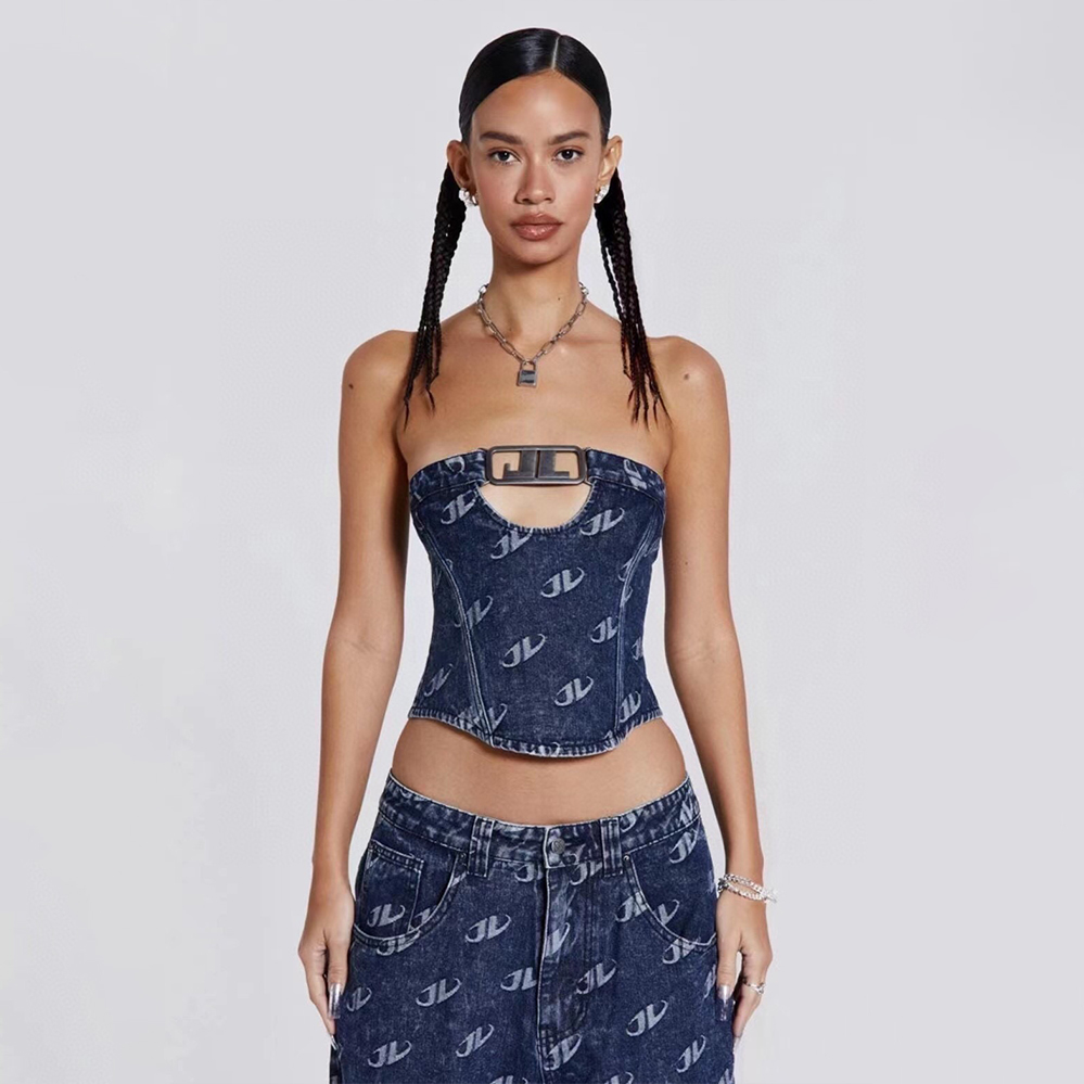 Jaded Lobdon Letter Printed Blue Hollowed Out Metal Buckle Denim Bra Top #nigo6522