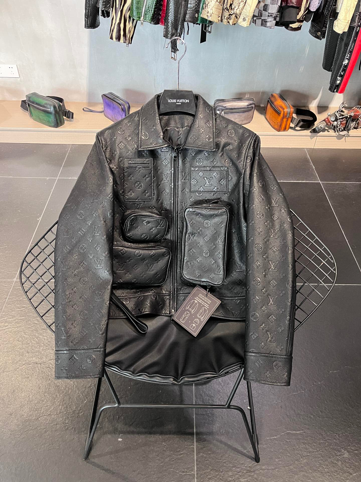 Louis Vuitton Men Monogram Black Multi Pocket Leather Jacket #nigo21737
