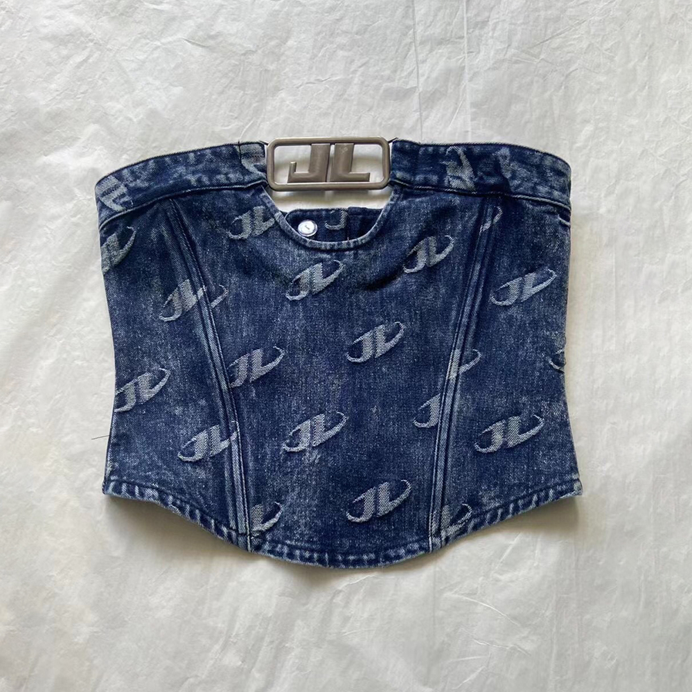 Jaded Lobdon Letter Printed Blue Hollowed Out Metal Buckle Denim Bra Top #nigo6522