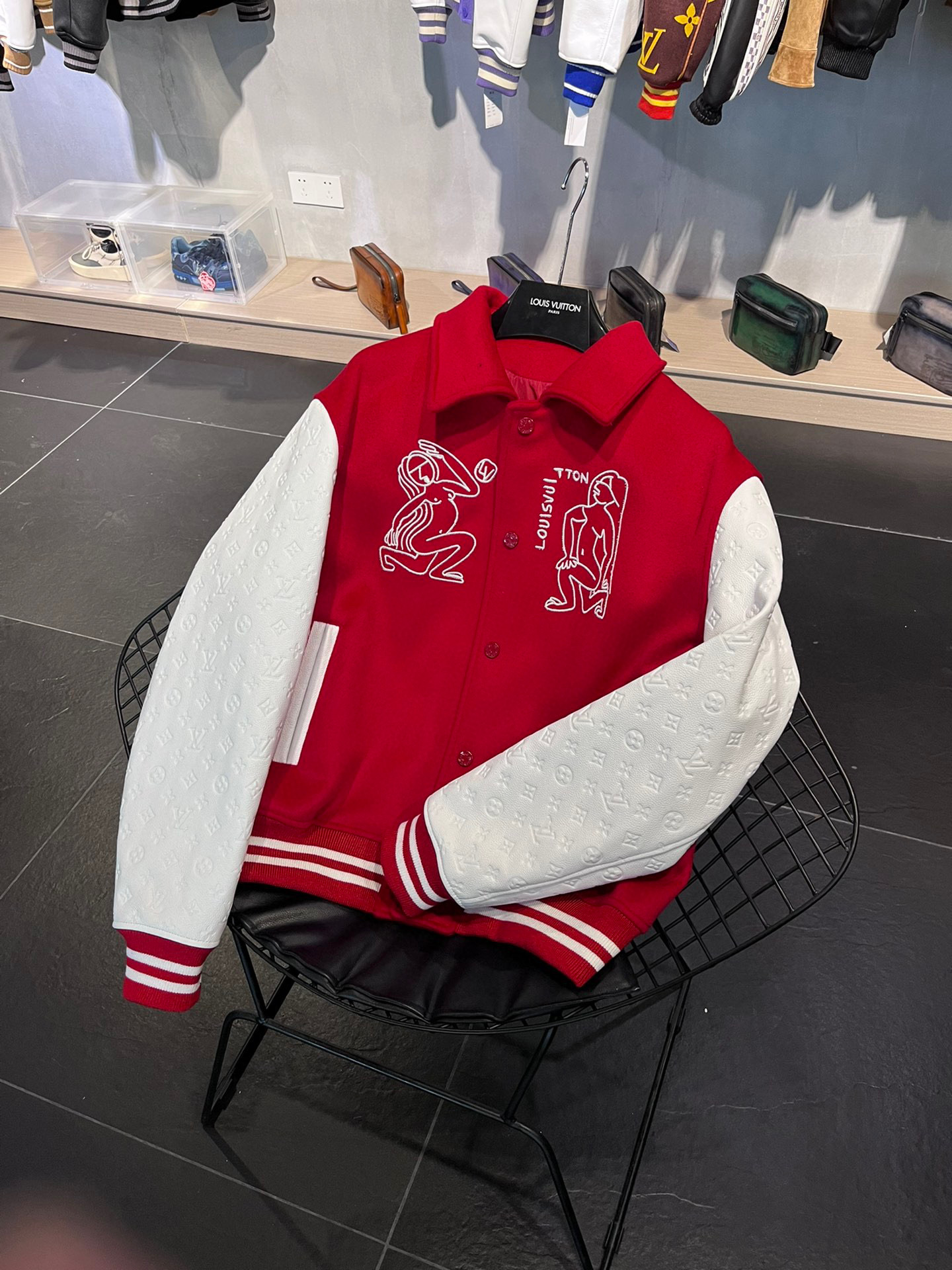 Louis Vuitton Red and White Patchwork Long Sleeved Baseball Jacket #nigo21738