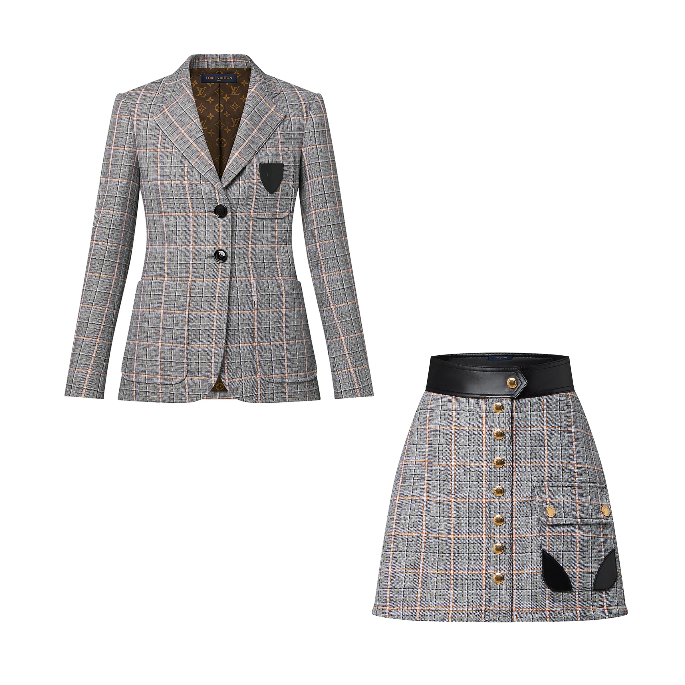 Louis Vuitton Preppy Grey Plaid Long Sleeved Suit Jacket Short Skirt Set #nigo21755