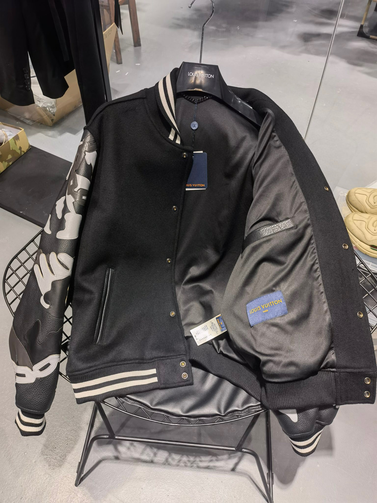 Louis Vuitton Genuine Leather Baseball Uniform Chains Camo Varsity Jacket #nigo155B