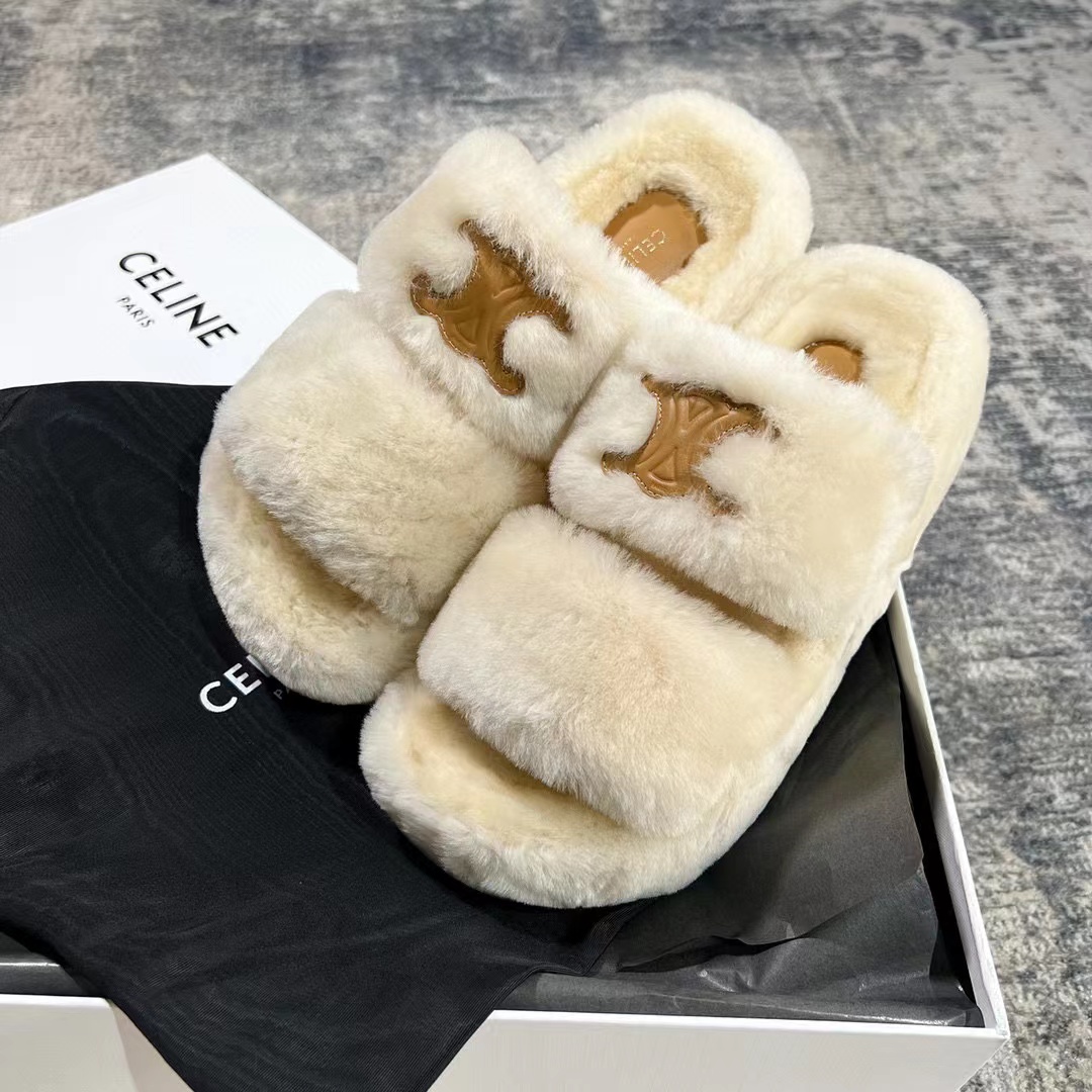 Celine Women's Lamb Wool Slippers Flat Sandals Shoes #nigo51892