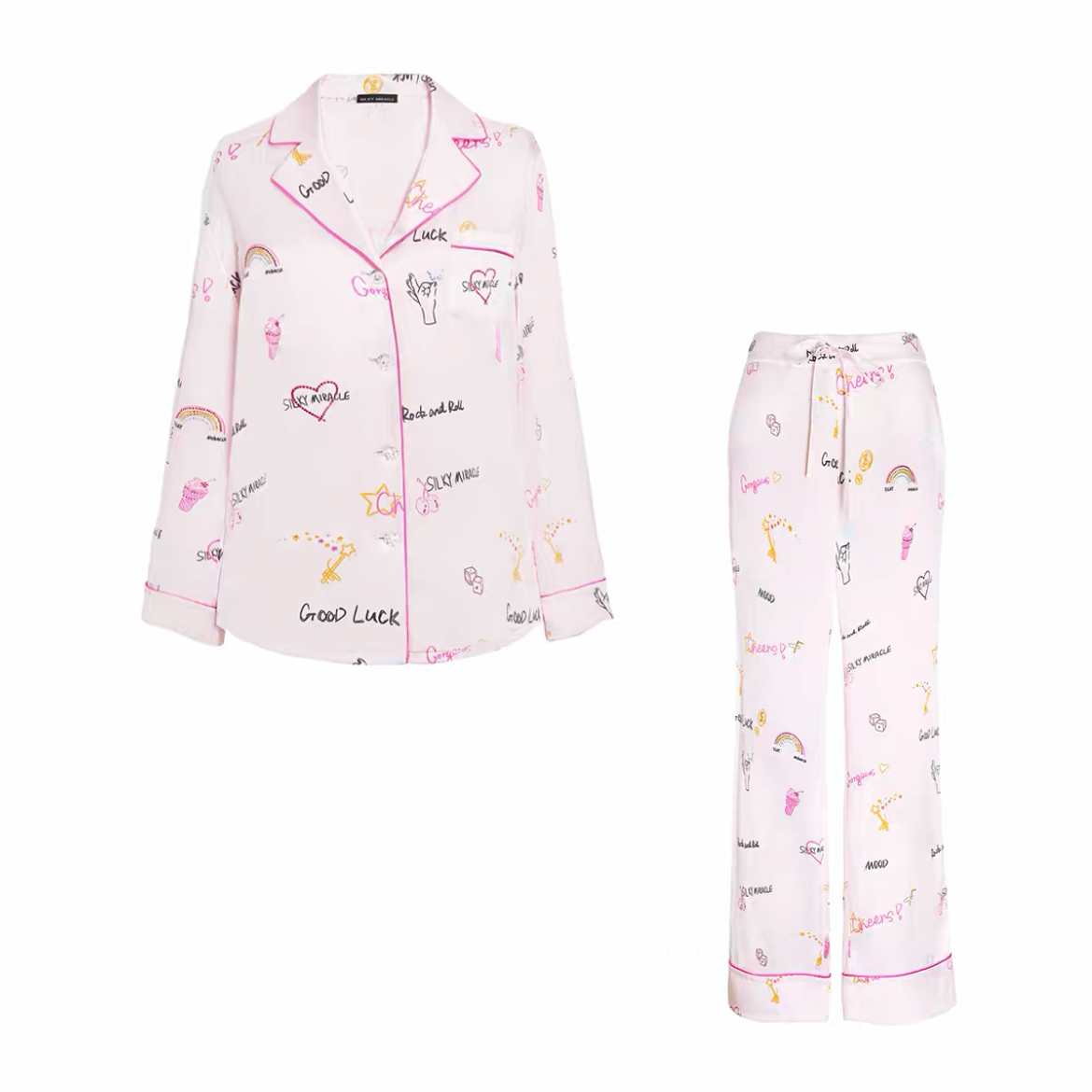 Silky Miracle Printed Pink Silk Pajamas Homewear Ngvp #nigo6551